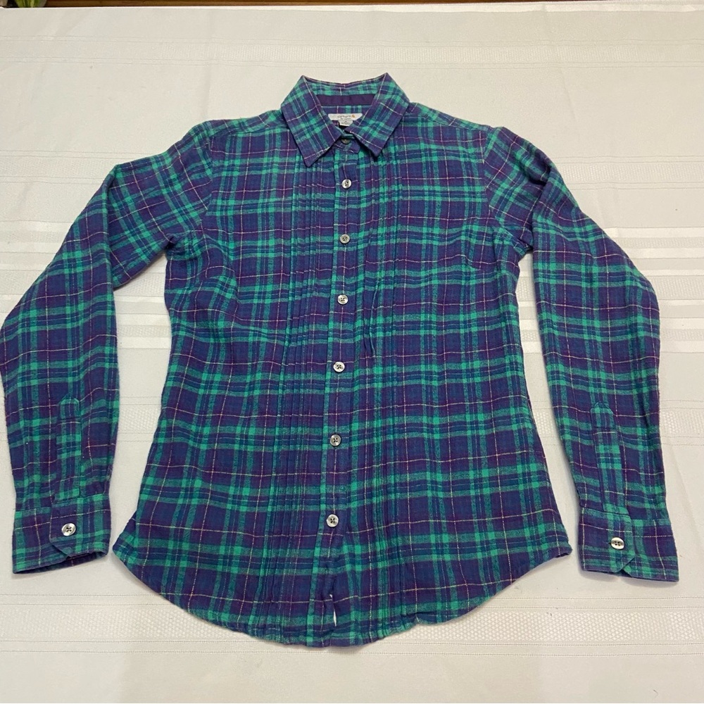 Carhartt Womens Pleated Gathered Back Flannel Button Down Shirt- EUC Size S